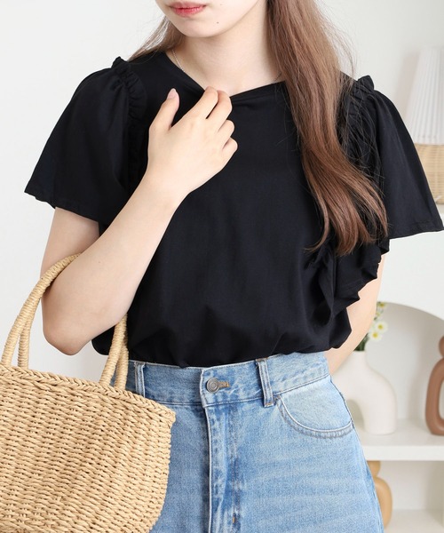 atONE(アットワン)の「ショルダーフリルフレンチスリーブTシャツ(Tシャツ/カットソー・レディース・チャコールグレー/ホワイト/ミント/ピンクベージュ/ブラック・LL~3L/M-L/4L~5L)」の16枚目の写真