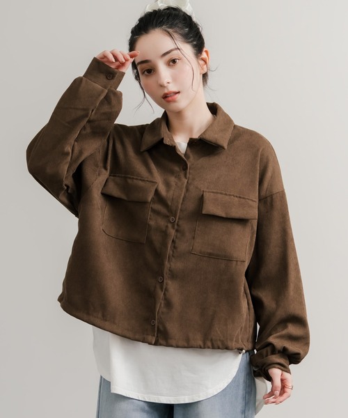 セール】ショート丈 コーデュロイシャツジャケット/ドローコード短丈