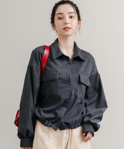 セール】ショート丈 コーデュロイシャツジャケット/ドローコード短丈