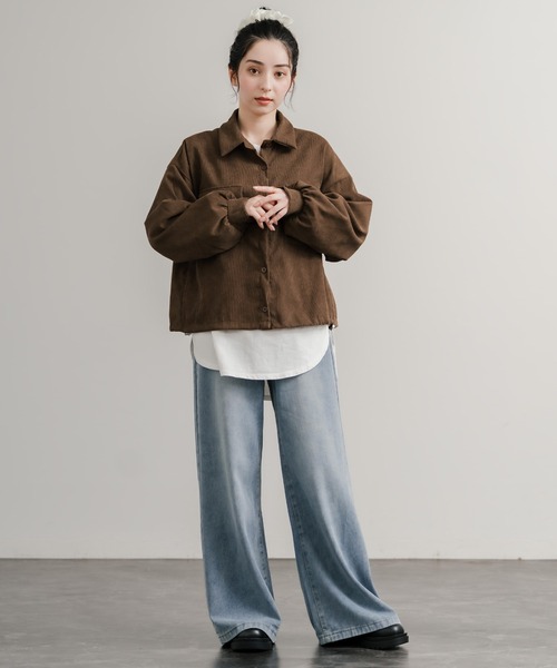 セール】ショート丈 コーデュロイシャツジャケット/ドローコード