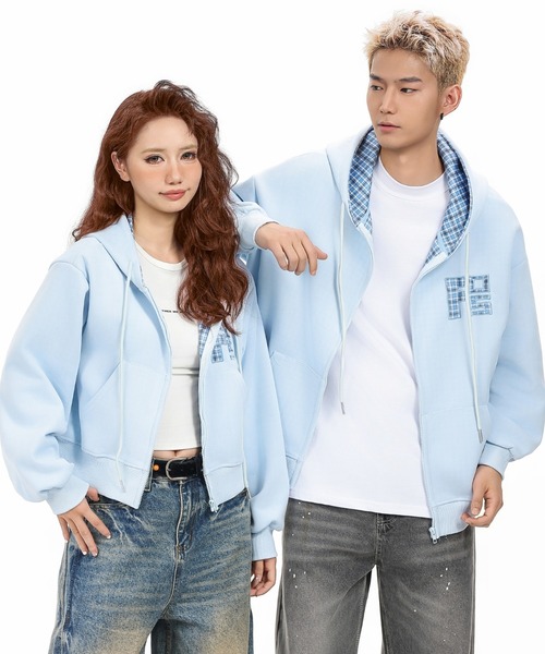 セール】【5色展開】チェック柄フード付きジップパーカー/韓国っぽゆる