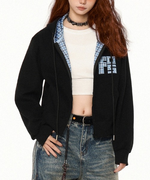 セール】【新色追加5色展開】チェック柄フード付きジップ