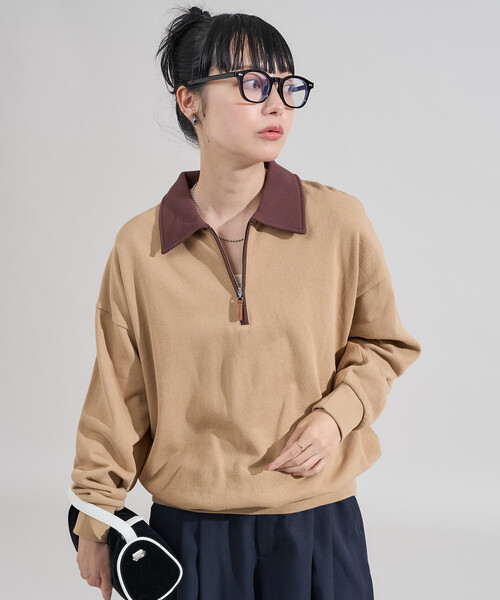セール】限定展開 配色襟 ジップポロスウェット/ハーフジップ