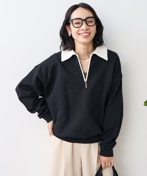 セール】限定展開 配色 ジップ ポロ襟 スウェット/ハーフジップ