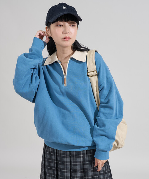 セール】限定展開 配色 ジップ ポロ襟 スウェット/ハーフジップ