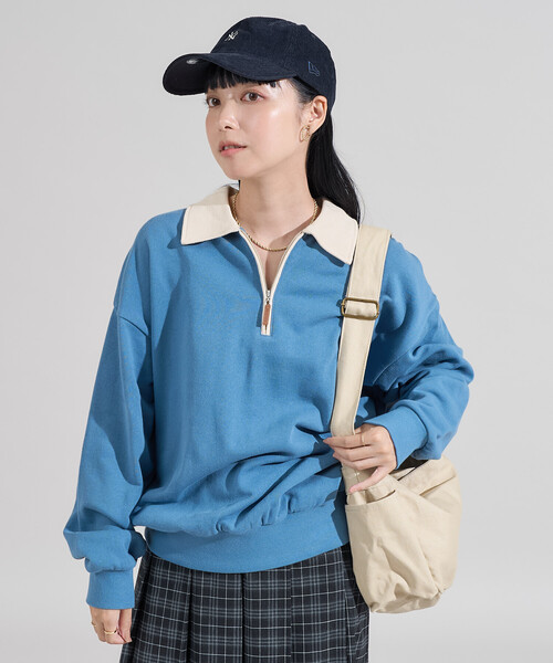 限定展開 配色 ジップ ポロ襟 スウェット/ハーフジップ