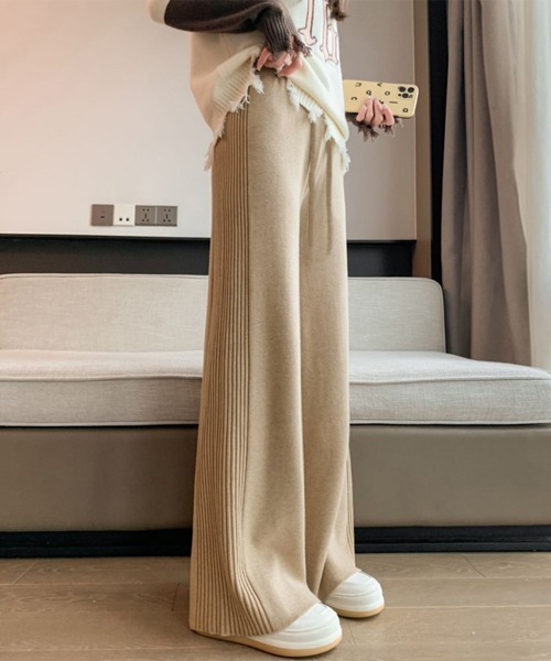 セール】サイド縦ラインニットパンツ ワイドパンツ（スラックス