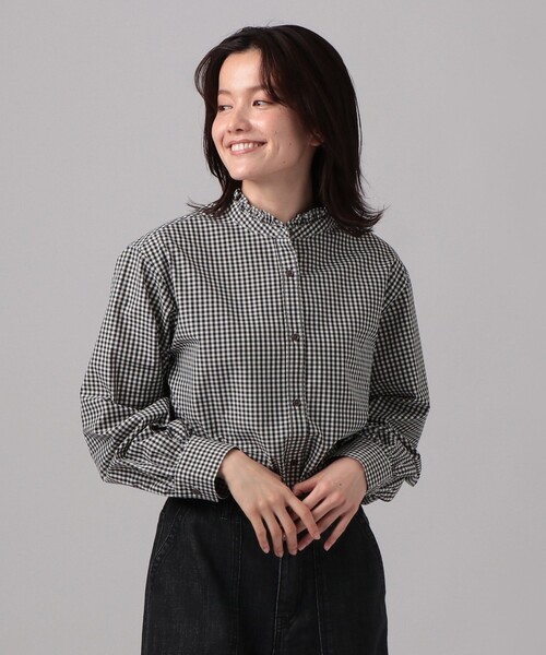 セール】ギンガムチェックブロードフリルカラーブラウス（シャツ