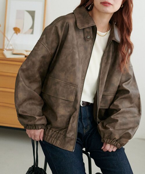 Discoat ブラウンレザージャケット セール】【WEB限定】オーバーフェイクレザーブルゾン（ブルゾン