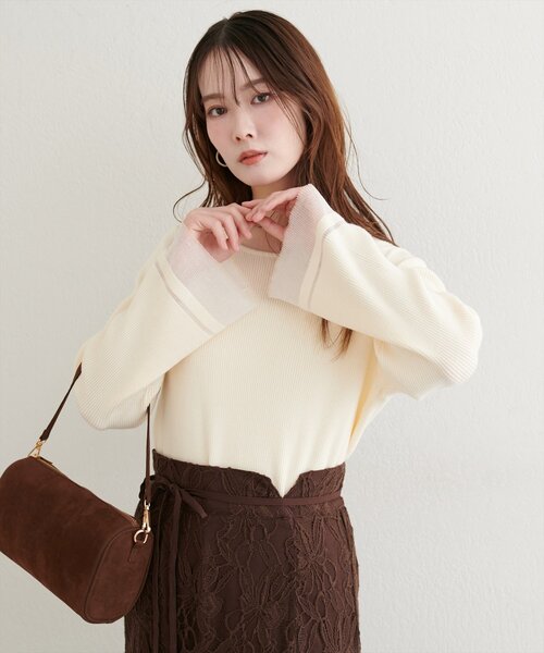 natural couture（ナチュラルクチュール）の「袖口シアーフレアニット（ニット/セーター・レディース・グレー/オフホワイト/ブラック/グレイッシュベージュ/ブラウン・FREE）」の7枚目の写真