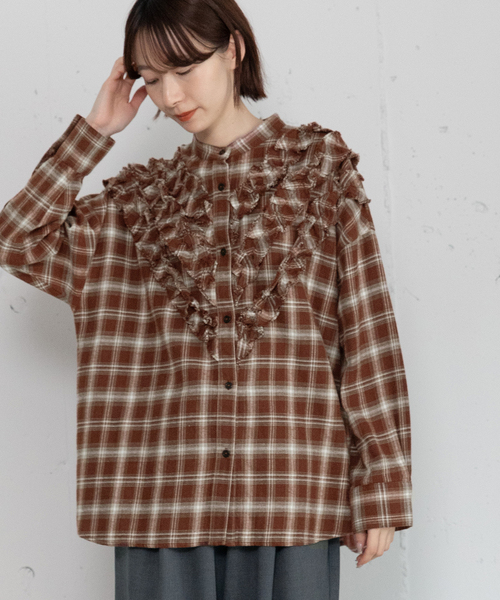 フロントフリルチェックシャツ