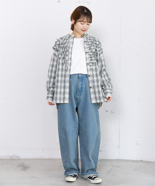 セール】フロントフリルチェックシャツ（シャツ/ブラウス）｜POU DOU