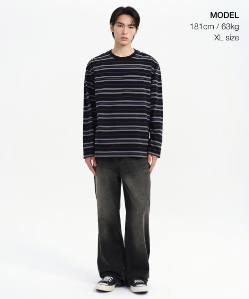 MUSINSA STANDARD（ムシンサスタンダード）の「マルチストライプリラックスド長袖Tシャツ3 [ブラック]（Tシャツ/カットソー・メンズ・その他・SMALL/MEDIUM/LARGE/X-LARGE/XX-LARGE）」の2枚目の写真