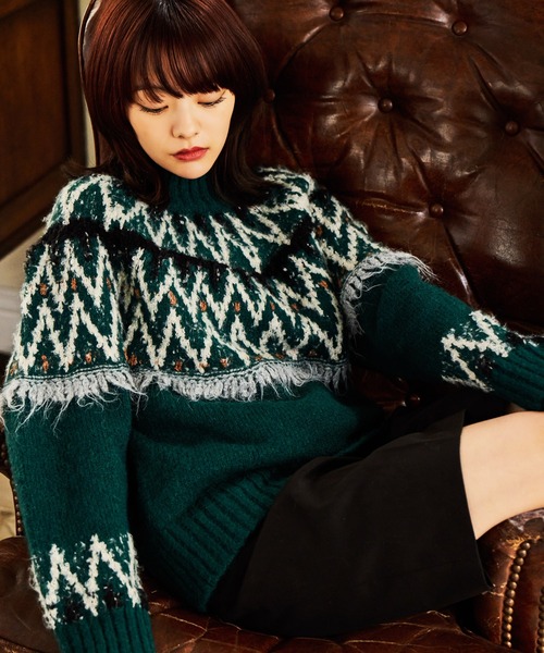 mysty woman（ミスティウーマン）の「モヘヤタッチノルディックニット 622016（ニット/セーター・レディース・グリーン/オフホワイト/ブラック/グレー・FREE）」の4枚目の写真