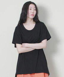 ソリッドアンバランスルーズフィットクルーネック半袖Tシャツブラック