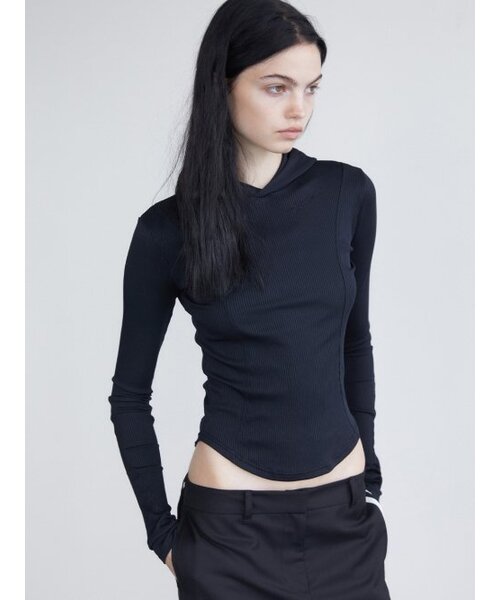 WHOLE PAPER(ホールペーパー)の「タイトリブフードTシャツ - ブラック(Tシャツ/カットソー・レディース・ブラック・X-SMALL/SMALL/MEDIUM)」の1枚目の写真