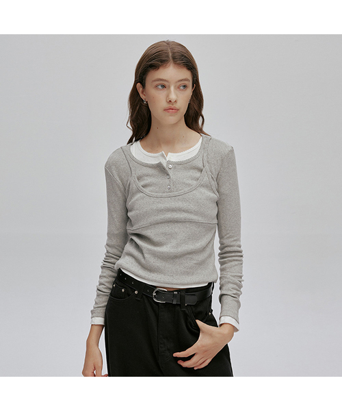 AFTERHOURS(アフターアワーズ)の「HENRY NECK LAYERED LONG SLEEVE TOP (MELANGE GREY)(Tシャツ/カットソー・レディース・グレー・FREE)」の1枚目の写真