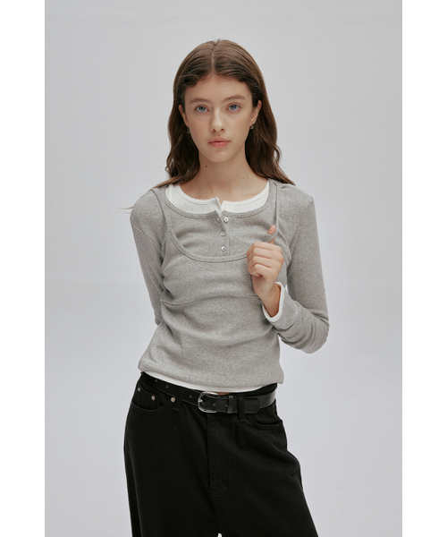 AFTERHOURS(アフターアワーズ)の「HENRY NECK LAYERED LONG SLEEVE TOP (MELANGE GREY)(Tシャツ/カットソー・レディース・グレー・FREE)」の2枚目の写真