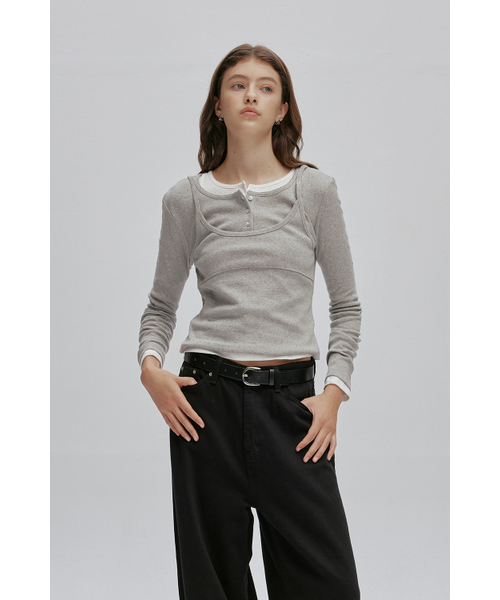 AFTERHOURS(アフターアワーズ)の「HENRY NECK LAYERED LONG SLEEVE TOP (MELANGE GREY)(Tシャツ/カットソー・レディース・グレー・FREE)」の3枚目の写真