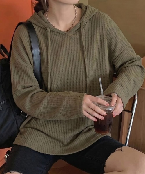 cammie(キャミー)の「シアーワッフルトップス(Tシャツ/カットソー・レディース・ネイビー/ホワイト/カーキ/ブラック・M/L)」の3枚目の写真