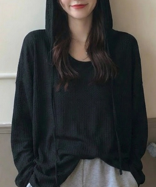 cammie(キャミー)の「シアーワッフルトップス(Tシャツ/カットソー・レディース・ネイビー/ホワイト/カーキ/ブラック・M/L)」の2枚目の写真