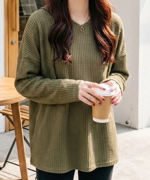 cammie(キャミー)の「シアーワッフルトップス(Tシャツ/カットソー・レディース・ネイビー/ホワイト/カーキ/ブラック・M/L)」の8枚目の写真