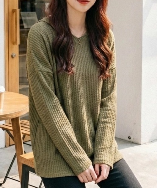 cammie(キャミー)の「シアーワッフルトップス(Tシャツ/カットソー・レディース・ネイビー/ホワイト/カーキ/ブラック・M/L)」の7枚目の写真