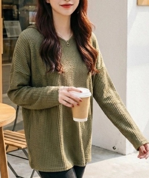cammie(キャミー)の「シアーワッフルトップス(Tシャツ/カットソー・レディース・ネイビー/ホワイト/カーキ/ブラック・M/L)」の14枚目の写真