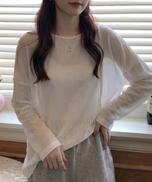 cammie(キャミー)の「シアーワッフルトップス(Tシャツ/カットソー・レディース・ネイビー/ホワイト/カーキ/ブラック・M/L)」の15枚目の写真