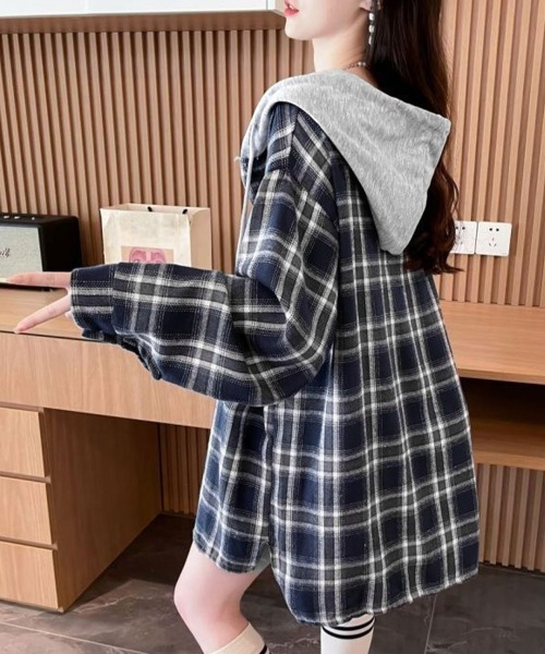 Miniministore（ミニミニストア）の「チェック柄フーデッドシャツレディース秋冬（シャツ/ブラウス・レディース・ブラック/ネイビー・FREE）」の2枚目の写真
