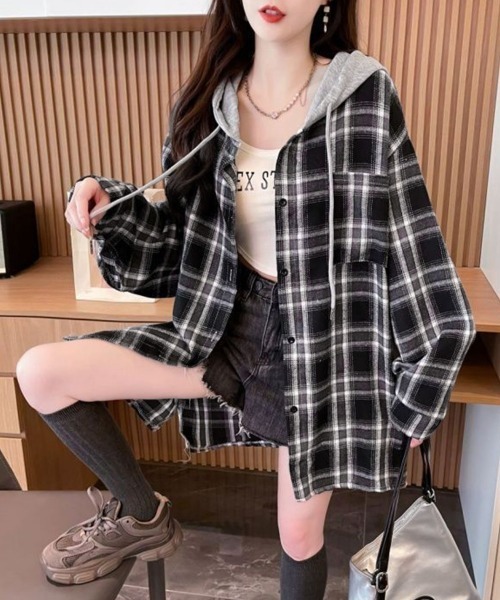 Miniministore（ミニミニストア）の「チェック柄フーデッドシャツレディース秋冬（シャツ/ブラウス・レディース・ブラック/ネイビー・FREE）」の21枚目の写真