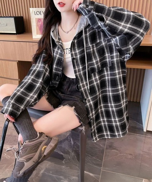 Miniministore（ミニミニストア）の「チェック柄フーデッドシャツレディース秋冬（シャツ/ブラウス・レディース・ブラック/ネイビー・FREE）」の22枚目の写真