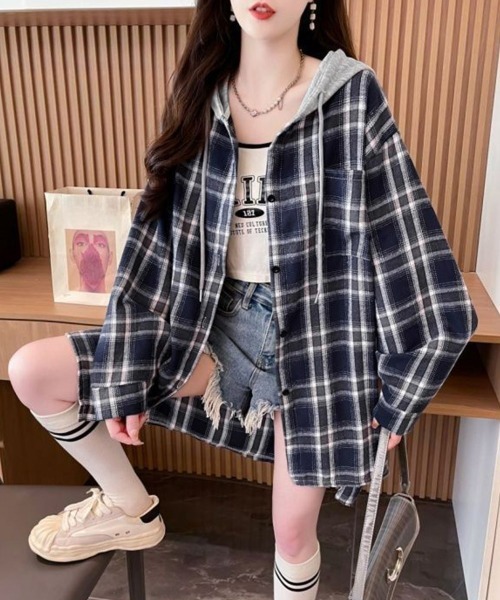 Miniministore（ミニミニストア）の「チェック柄フーデッドシャツレディース秋冬（シャツ/ブラウス・レディース・ブラック/ネイビー・FREE）」の15枚目の写真