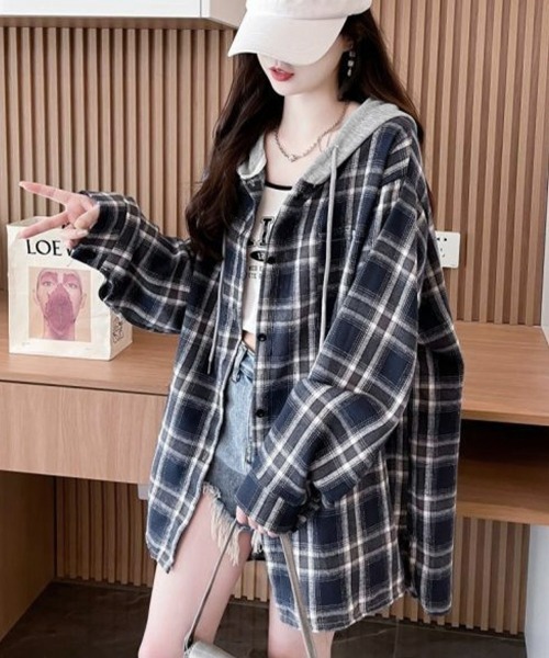 Miniministore（ミニミニストア）の「チェック柄フーデッドシャツレディース秋冬（シャツ/ブラウス・レディース・ブラック/ネイビー・FREE）」の16枚目の写真