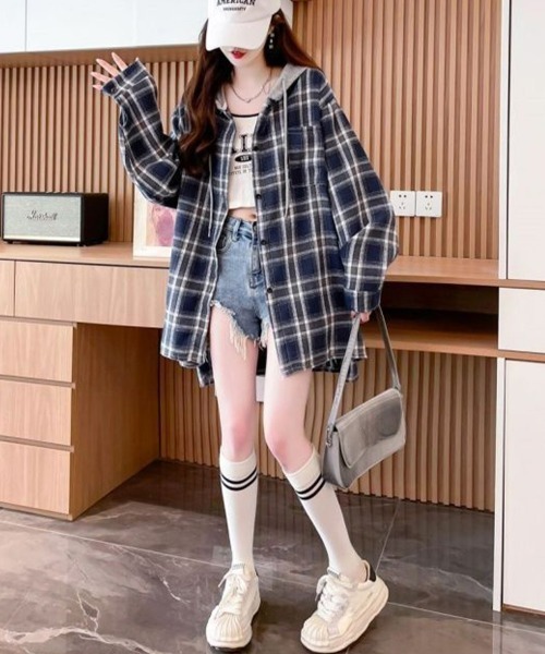 Miniministore（ミニミニストア）の「チェック柄フーデッドシャツレディース秋冬（シャツ/ブラウス・レディース・ブラック/ネイビー・FREE）」の17枚目の写真