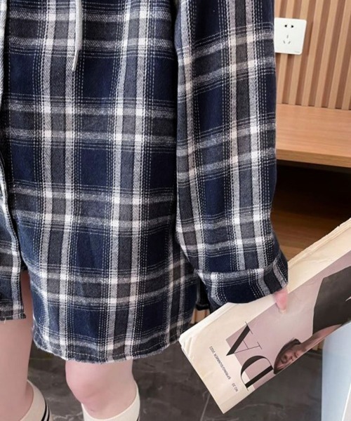Miniministore（ミニミニストア）の「チェック柄フーデッドシャツレディース秋冬（シャツ/ブラウス・レディース・ブラック/ネイビー・FREE）」の18枚目の写真