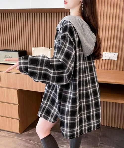 Miniministore（ミニミニストア）の「チェック柄フーデッドシャツレディース秋冬（シャツ/ブラウス・レディース・ブラック/ネイビー・FREE）」の10枚目の写真