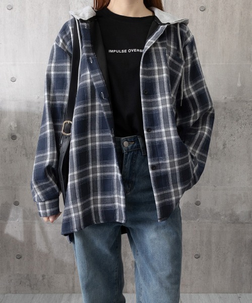 Miniministore（ミニミニストア）の「チェック柄フーデッドシャツレディース秋冬（シャツ/ブラウス・レディース・ブラック/ネイビー・FREE）」の11枚目の写真