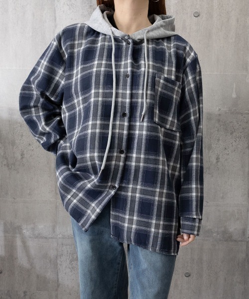 Miniministore（ミニミニストア）の「チェック柄フーデッドシャツレディース秋冬（シャツ/ブラウス・レディース・ブラック/ネイビー・FREE）」の12枚目の写真
