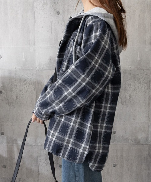 Miniministore（ミニミニストア）の「チェック柄フーデッドシャツレディース秋冬（シャツ/ブラウス・レディース・ブラック/ネイビー・FREE）」の13枚目の写真