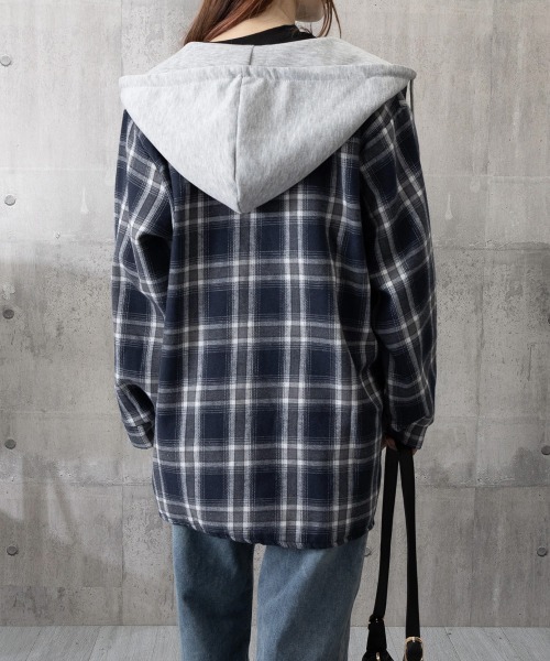 Miniministore（ミニミニストア）の「チェック柄フーデッドシャツレディース秋冬（シャツ/ブラウス・レディース・ブラック/ネイビー・FREE）」の4枚目の写真