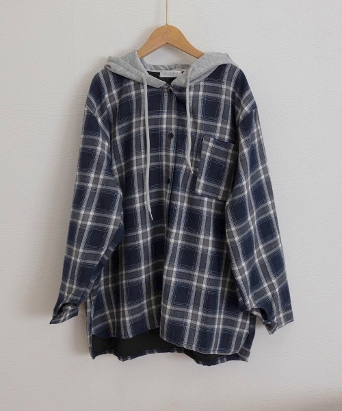 Miniministore（ミニミニストア）の「チェック柄フーデッドシャツレディース秋冬（シャツ/ブラウス・レディース・ブラック/ネイビー・FREE）」の5枚目の写真