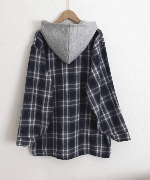 Miniministore（ミニミニストア）の「チェック柄フーデッドシャツレディース秋冬（シャツ/ブラウス・レディース・ブラック/ネイビー・FREE）」の6枚目の写真