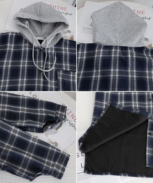 Miniministore（ミニミニストア）の「チェック柄フーデッドシャツレディース秋冬（シャツ/ブラウス・レディース・ブラック/ネイビー・FREE）」の7枚目の写真