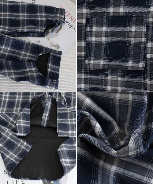 Miniministore（ミニミニストア）の「チェック柄フーデッドシャツレディース秋冬（シャツ/ブラウス・レディース・ブラック/ネイビー・FREE）」の8枚目の写真