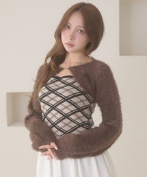 shaggy Bolero & plaid pattern knit camisole set / シャギーボレロ&チェックニットキャミソールセット