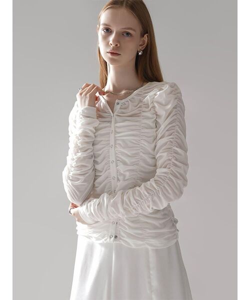 :ETHROF(イーサオブ)の「SHEER GATHER CREW NECK CARDIGAN(Tシャツ/カットソー・レディース・ホワイト/ブラック・FREE)」の12枚目の写真