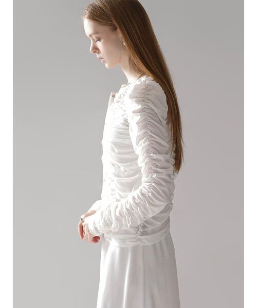 :ETHROF(イーサオブ)の「SHEER GATHER CREW NECK CARDIGAN(Tシャツ/カットソー・レディース・ホワイト/ブラック・FREE)」の13枚目の写真
