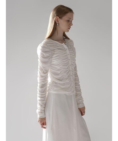 :ETHROF(イーサオブ)の「SHEER GATHER CREW NECK CARDIGAN(Tシャツ/カットソー・レディース・ホワイト/ブラック・FREE)」の14枚目の写真