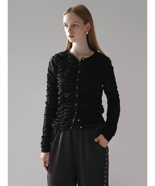 :ETHROF(イーサオブ)の「SHEER GATHER CREW NECK CARDIGAN(Tシャツ/カットソー・レディース・ホワイト/ブラック・FREE)」の2枚目の写真